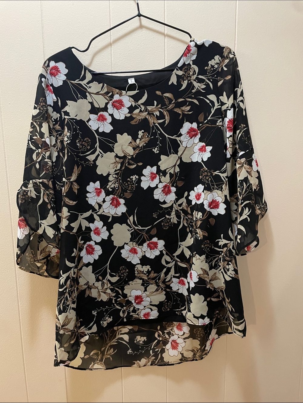 Floral Black Chiffon Blouse with Red Accent Flowers